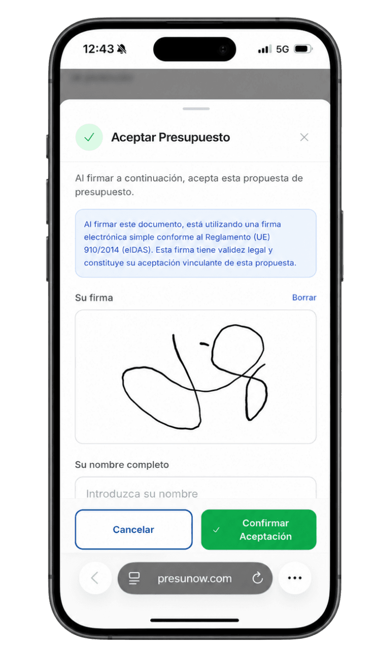 Client signant i acceptant el pressupost des del seu mòbil