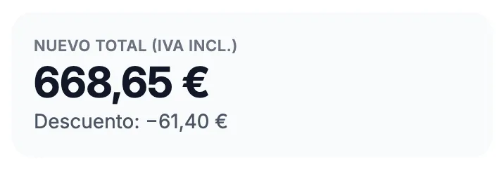 Recuadro «Nuevo total (IVA incl.)» con el descuento