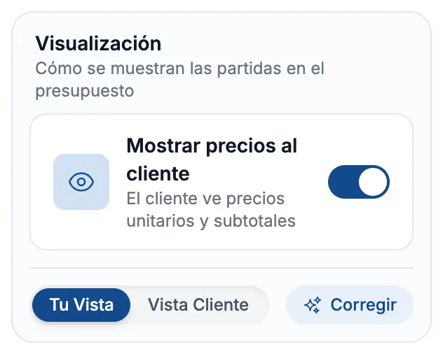 Recuadro «Visualización» con «Tu Vista» y «Vista Cliente»