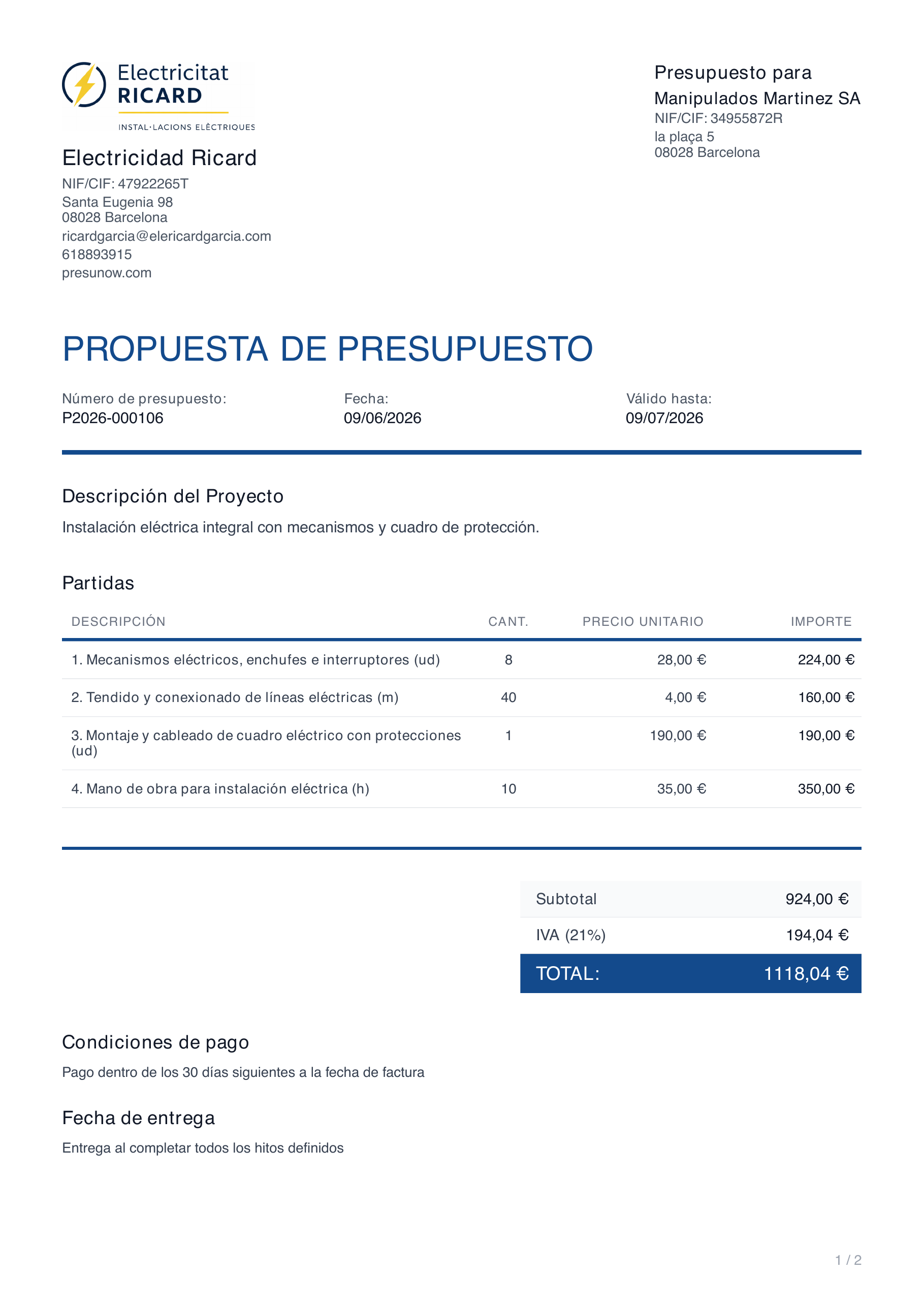 PRESSUPOST — Instal·lació Elèctrica
